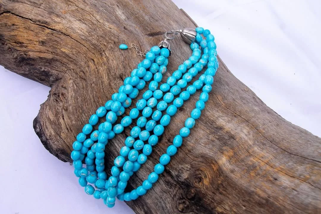 Multi-strand Kingman turquoise bead necklace with sterling clasp, from our Beale Street shop